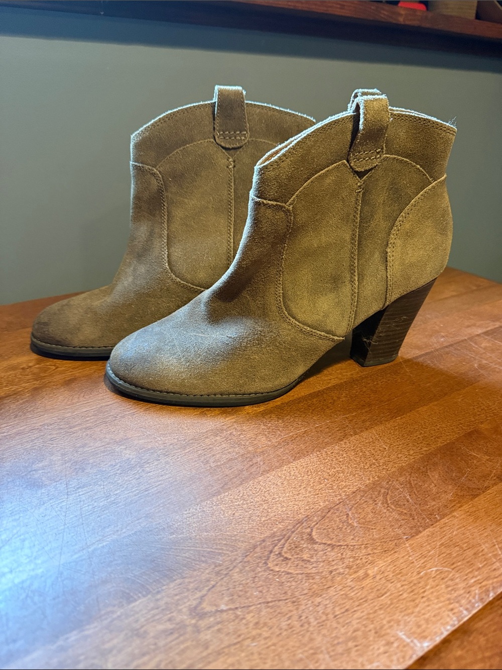 Clarks Taupe Suede Ankle Booties with Block Heel